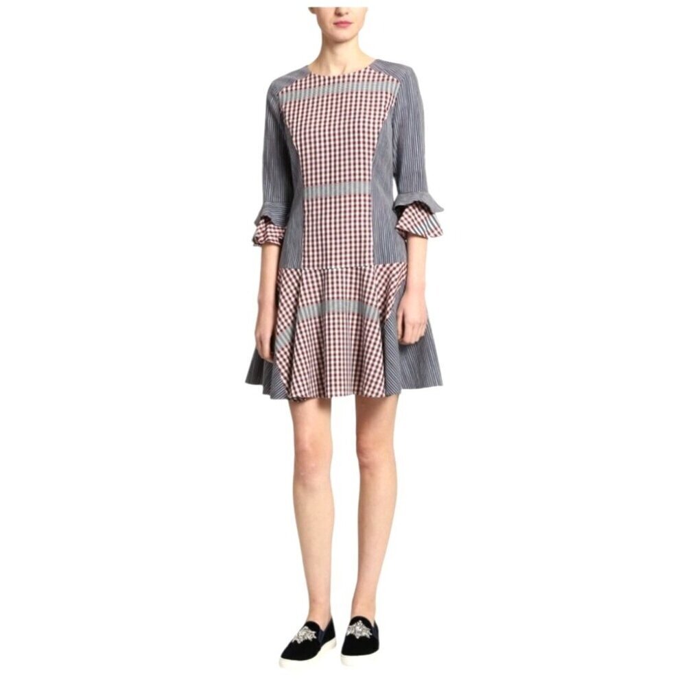 Badgley Mischka Dress Women 14 Blue Red Stripe Plaid Day Dress‎ Mini Prairiecore
